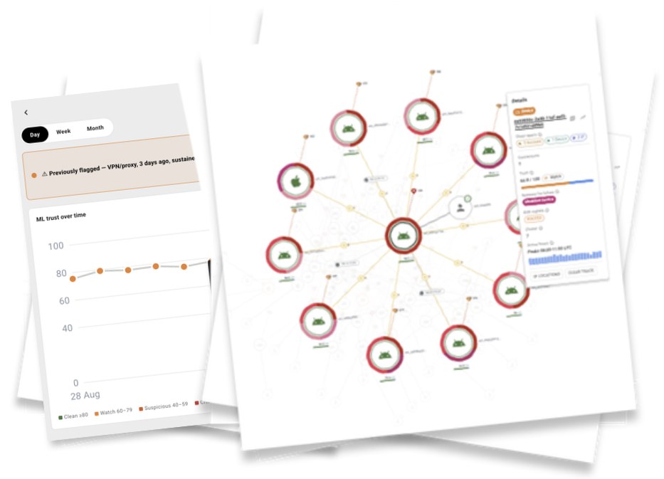 FraudRings bubble map and ML trust-over-time screens
